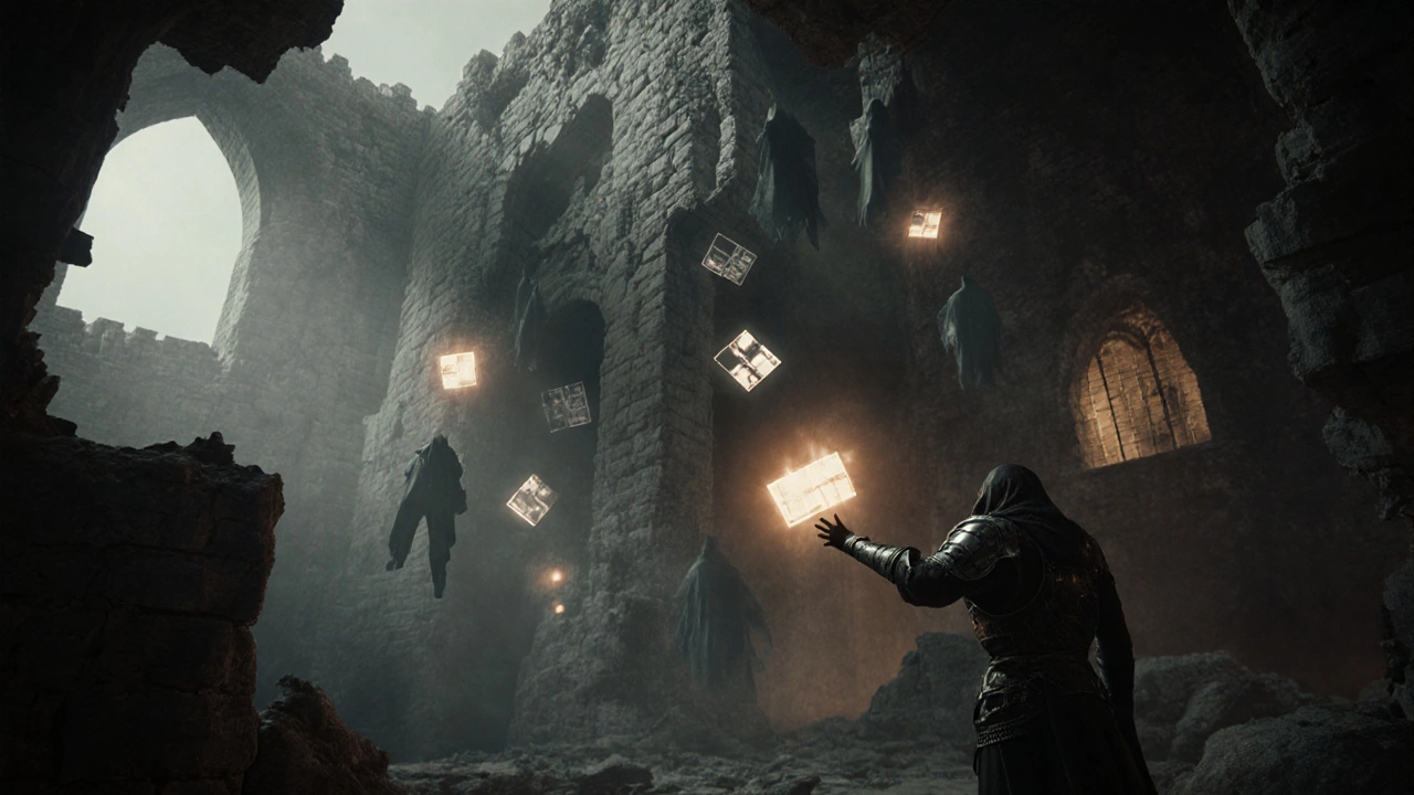 Замок в невесомости с призрачными воспоминаниями игроков, символизирующий Elden Ring: Shadow of the Erdtree.