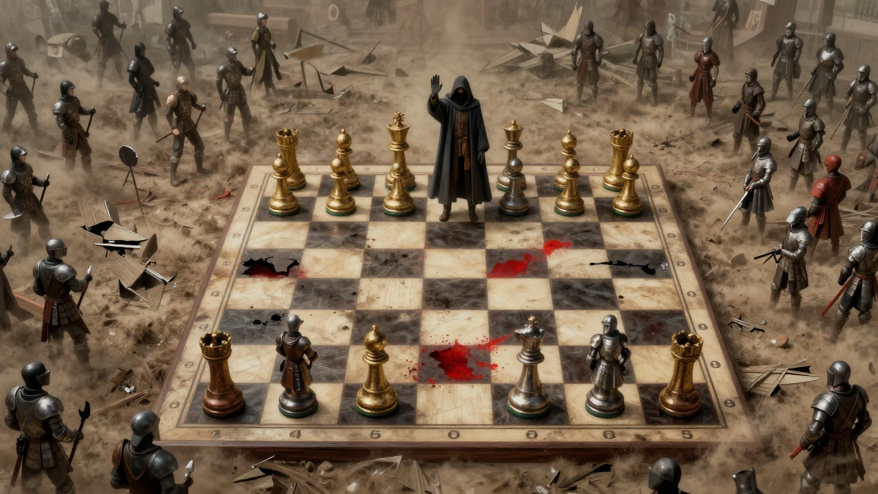 Битва на шахматной доске: войска контролируют центр, а отряды на флангах разрушаются, символизируя превосходство пространства.