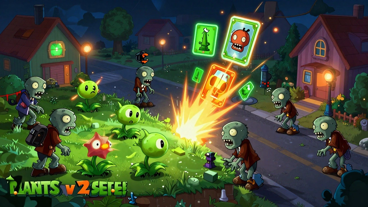 Битва растений и зомби на улице с неоновыми эффектами и карточными артефактами.