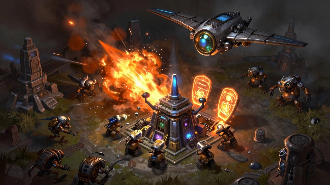 Битва в StarCraft II: рабочие, здания и вражеские юниты в действии под взрывами и энергетическими щитами.