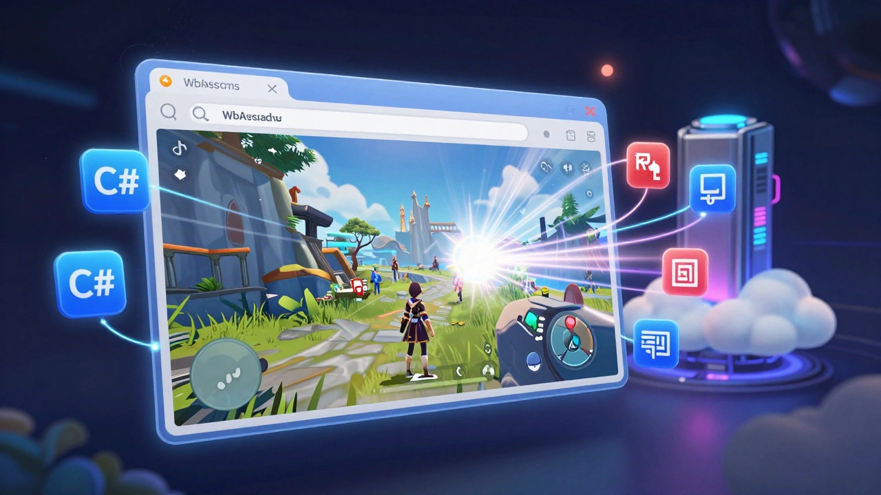 Браузер с игрой в стиле AAA, созданной через WebAssembly, окруженный технологическими символами и облаком.