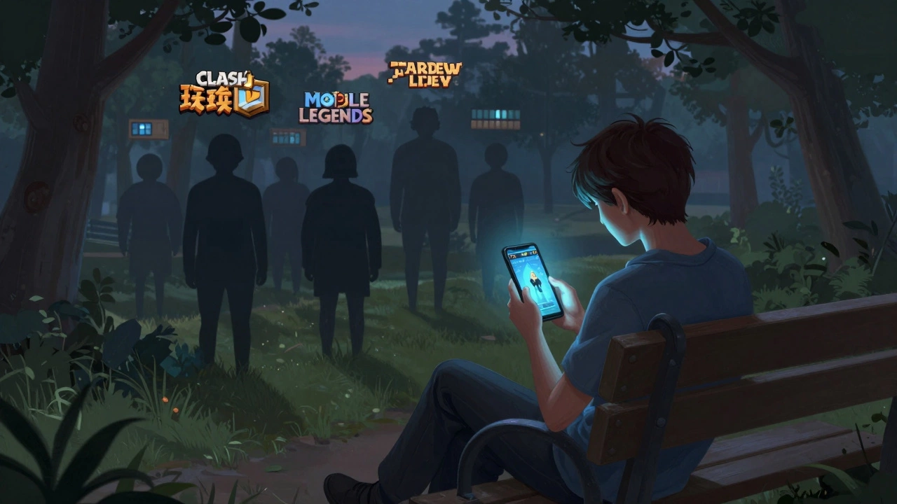 Человек на скамейке смотрит на экран RPG-игры, вокруг него тени других игроков, символизирующие игровые сообщества.