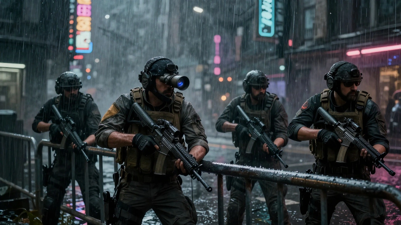 Четыре игрока в штормовом городе укрываются за баррикадой в The Division Resurgence.