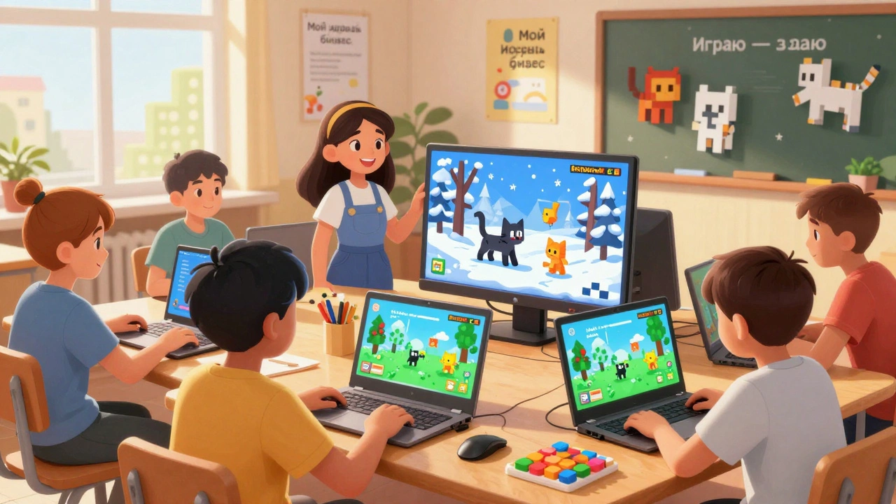 Дети в классе в Омске создают игры на Roblox, изучают программирование.