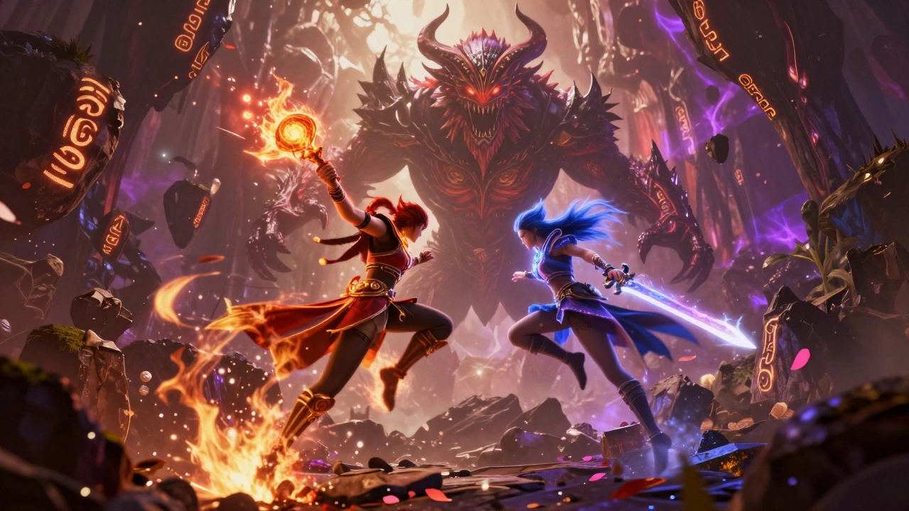 Два игрока сражаются с мифическим чудовищем в воздухе среди парящих скал и магических рун.