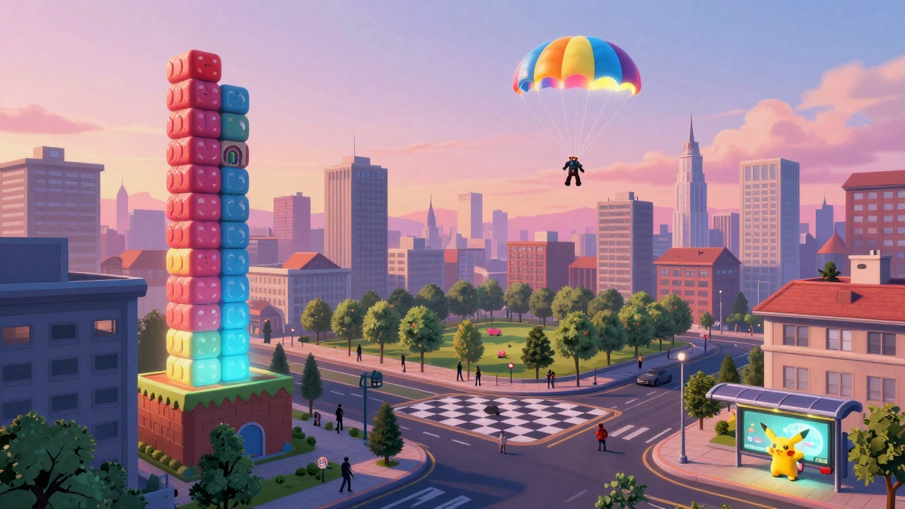 Город, построенный из игровых икон: кубики Candy Crush, парашют PUBG, шахматная улица и PokéStop у остановки.