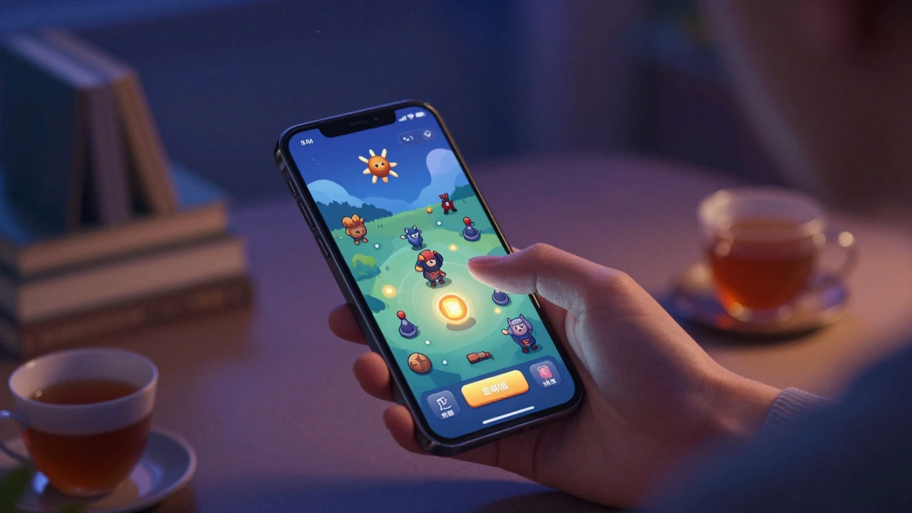 Игрок на телефоне улучшает базу в Clash of Clans при ночном освещении, мягкий свет экрана в спальне.