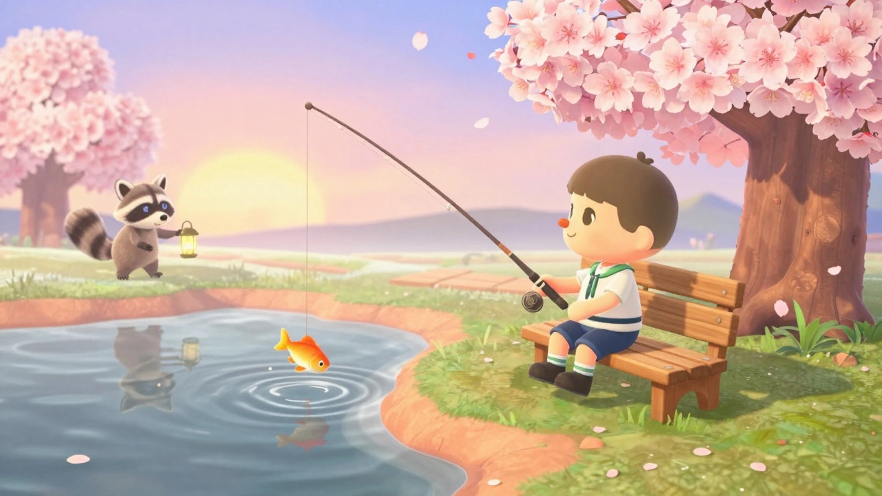 Игрок отдыхает на берегу озера в Animal Crossing на закате, рядом — енот с фонарем.