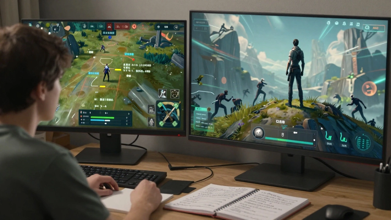 Игрок пересматривает матч, одновременно его герой наблюдает за запутанным врагом на поле боя.