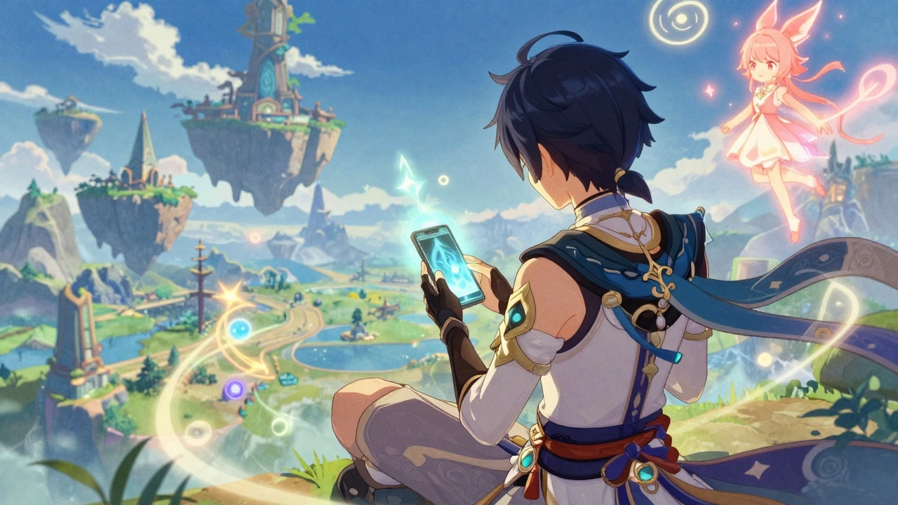 Игрок погружён в мир Genshin Impact, вокруг него летают магические духи и светящиеся руны.