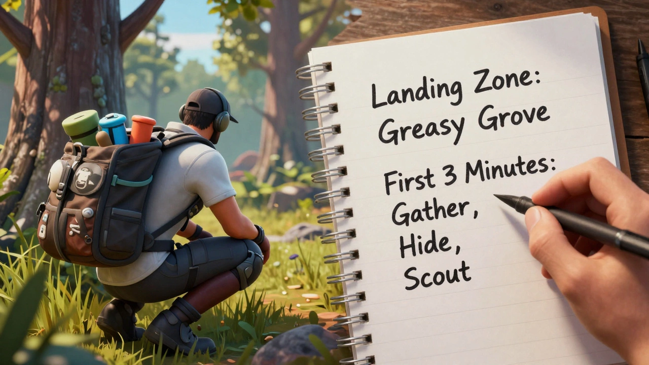 Игрок в Fortnite с планом на бумаге и ресурсами, приготовленный к началу матча.