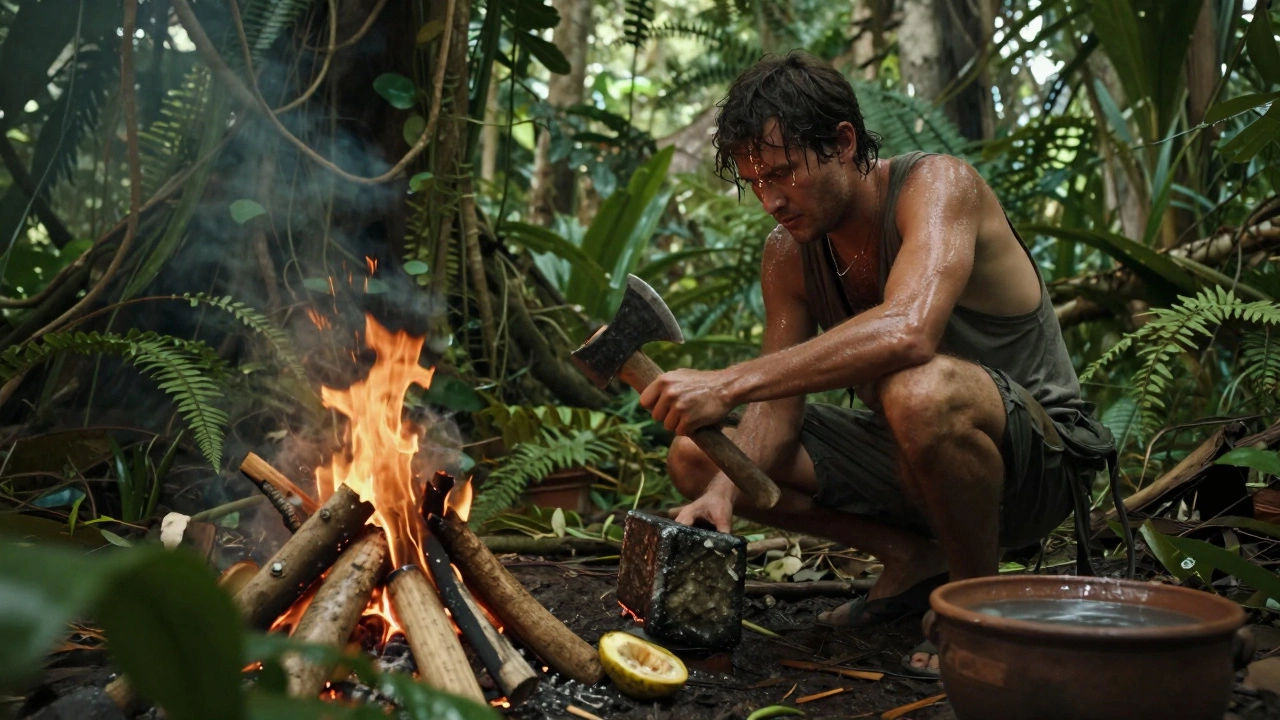 Игрок в Green Hell: Reborn изготавливает топор из веток и камня в джунглях.
