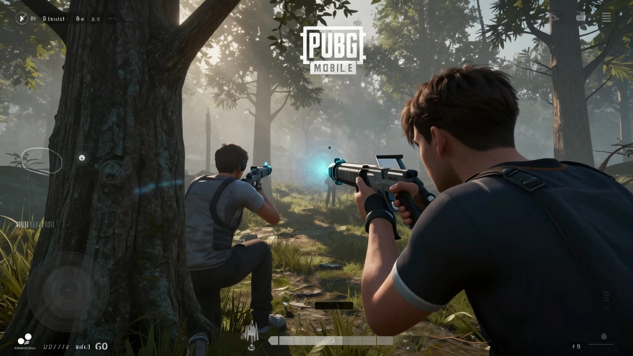 Игрок в PUBG Mobile прицеливается в лесу, виден отраженный экран телефона и силуэт врага.