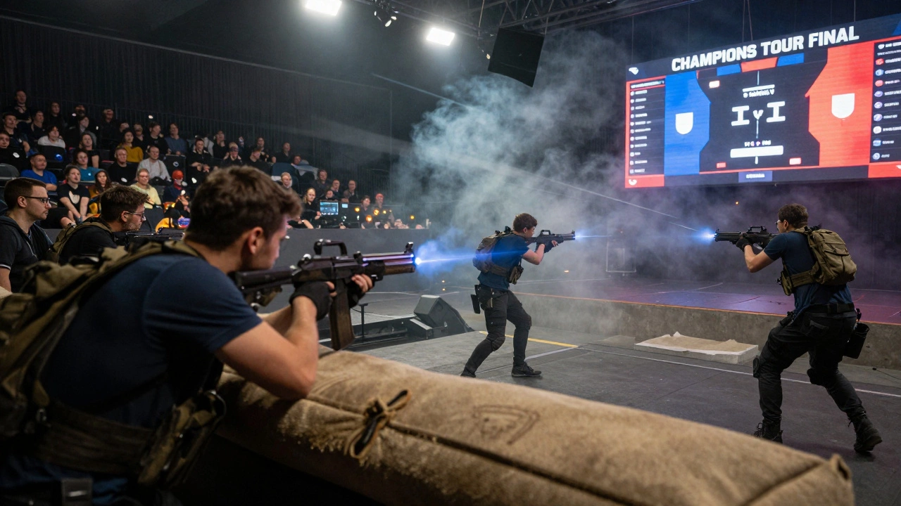 Киберспортсмены соревнуются в финале Valorant Champions Tour в переполненном российском зале.