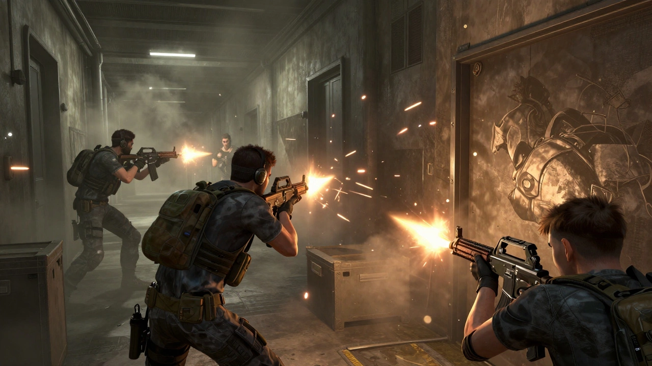 Киберспортсмены в тактической экипировке сражаются в Counter-Strike 2 на карте de_inferno, пули отскакивают от металла.