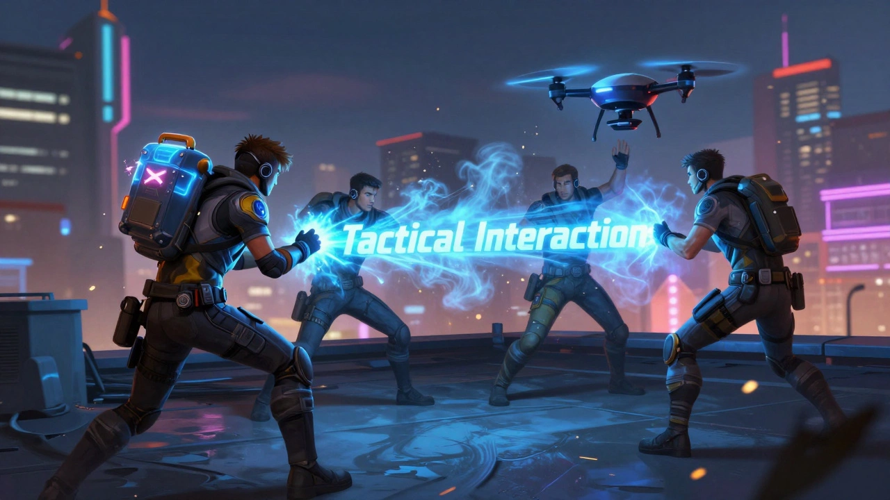 Команда Apex Legends использует синхронные способности в ночном городе с эффектом тактического взаимодействия.