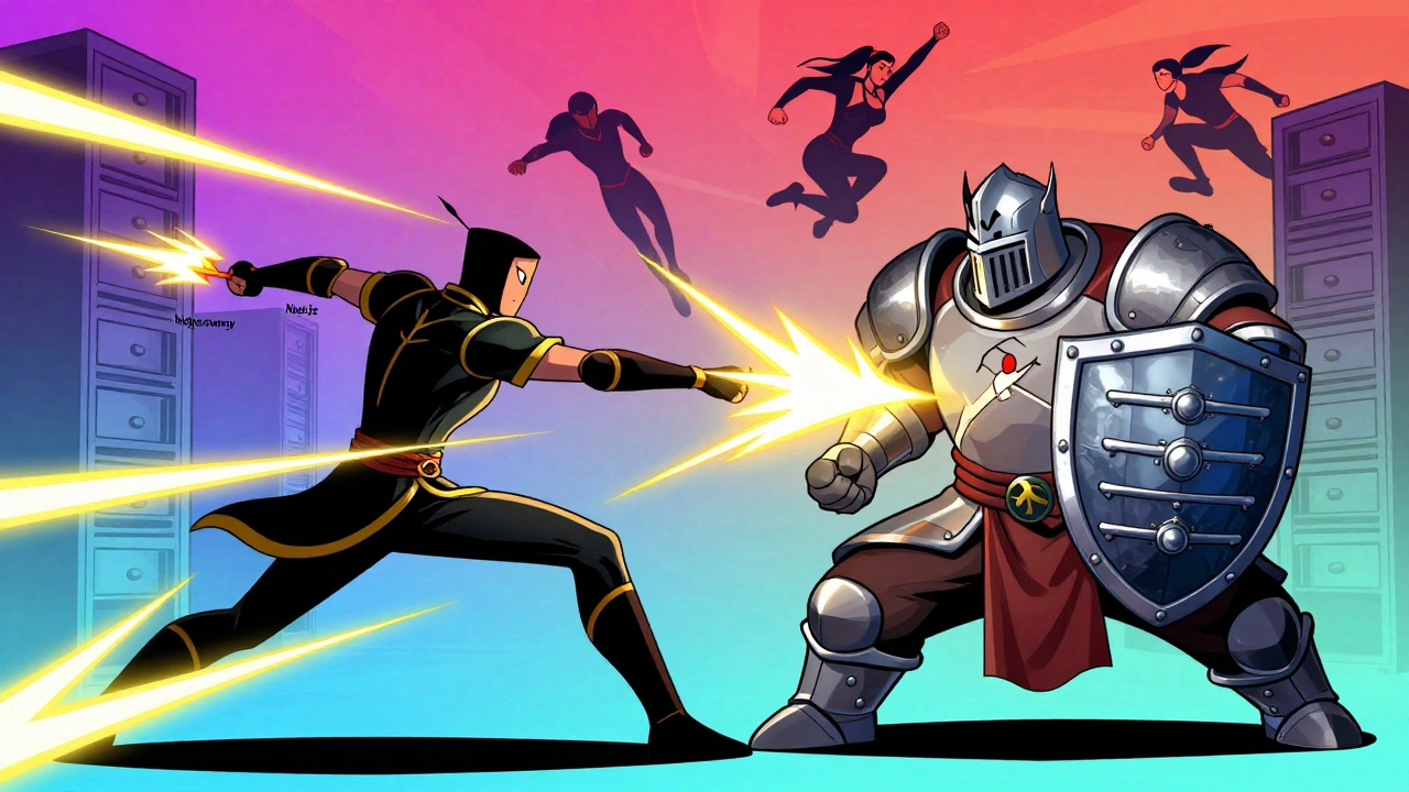 Комикс-стиль: битва между программистскими персонажами, символизирующими Go, Java и Node.js.