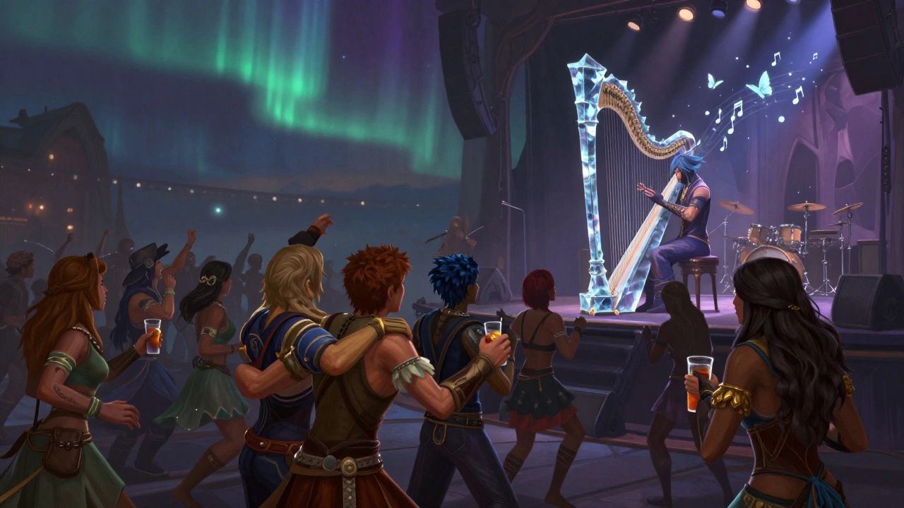 Концерт в World of Warcraft: игроки танцуют под музыку, ноты превращаются в бабочек, в небе — северное сияние.