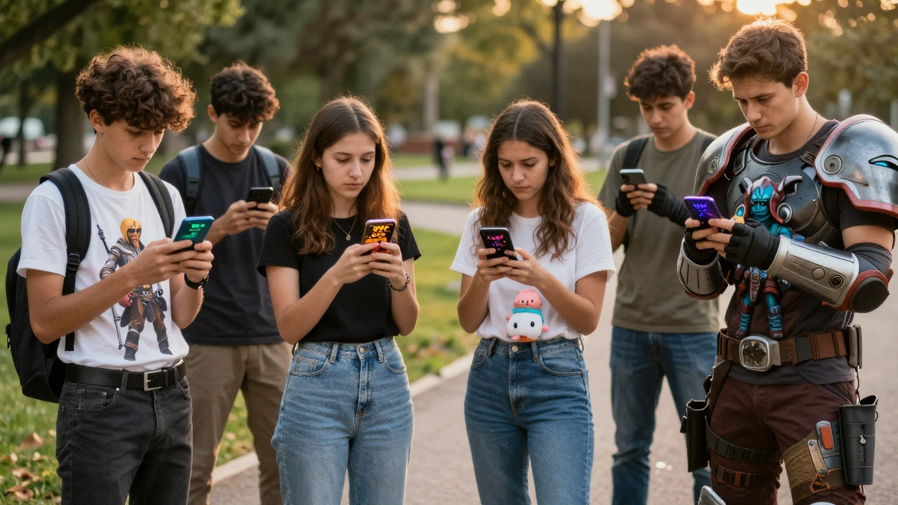 Люди в парке смотрят на телефоны, их отражения в лужах показывают их как героев из игр.