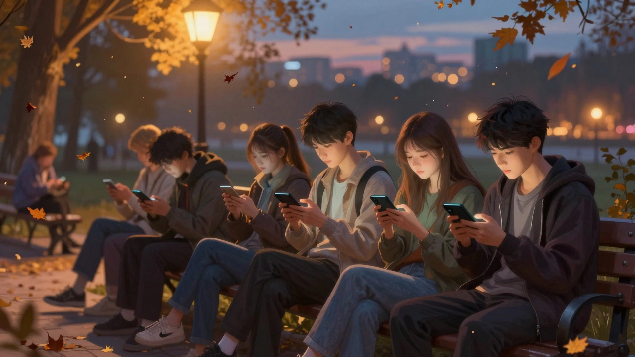 Молодые люди играют в League of Legends: Wild Rift на лавочке в парке при вечернем свете.