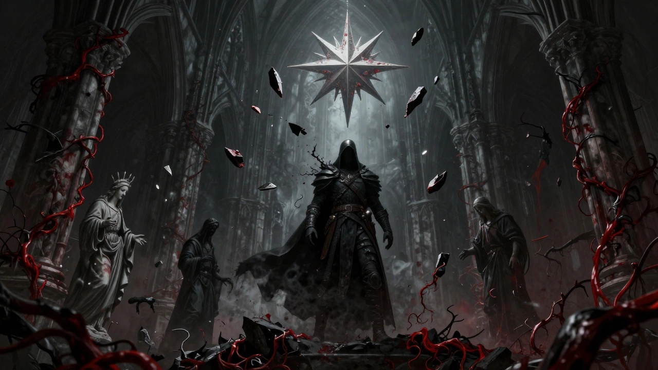 Мрачный готический храм с искажёнными статуями и телами, сливающимися с тенями.
