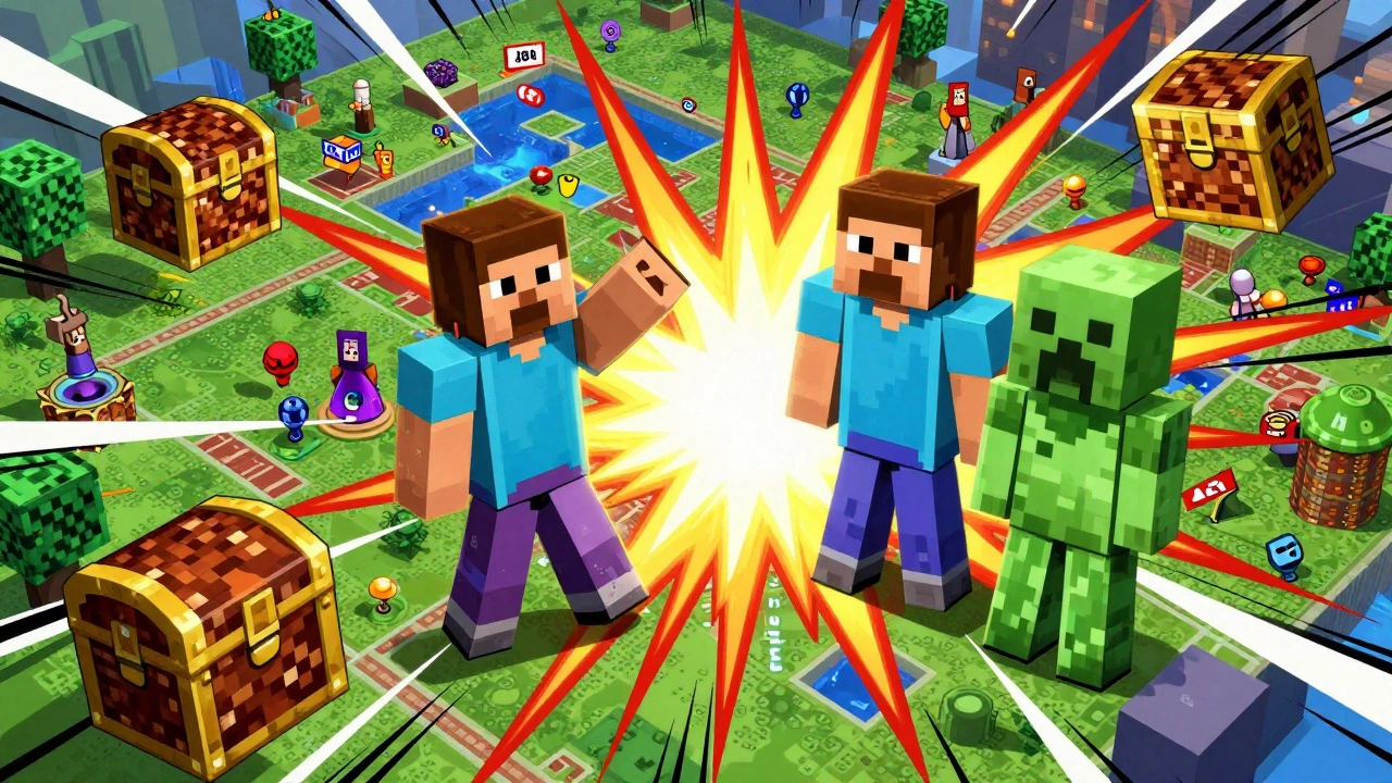 Персонажи Fortnite и Minecraft вместе на смешанной карте, где блочные и реалистичные стили сливаются в ярком кроссовере.