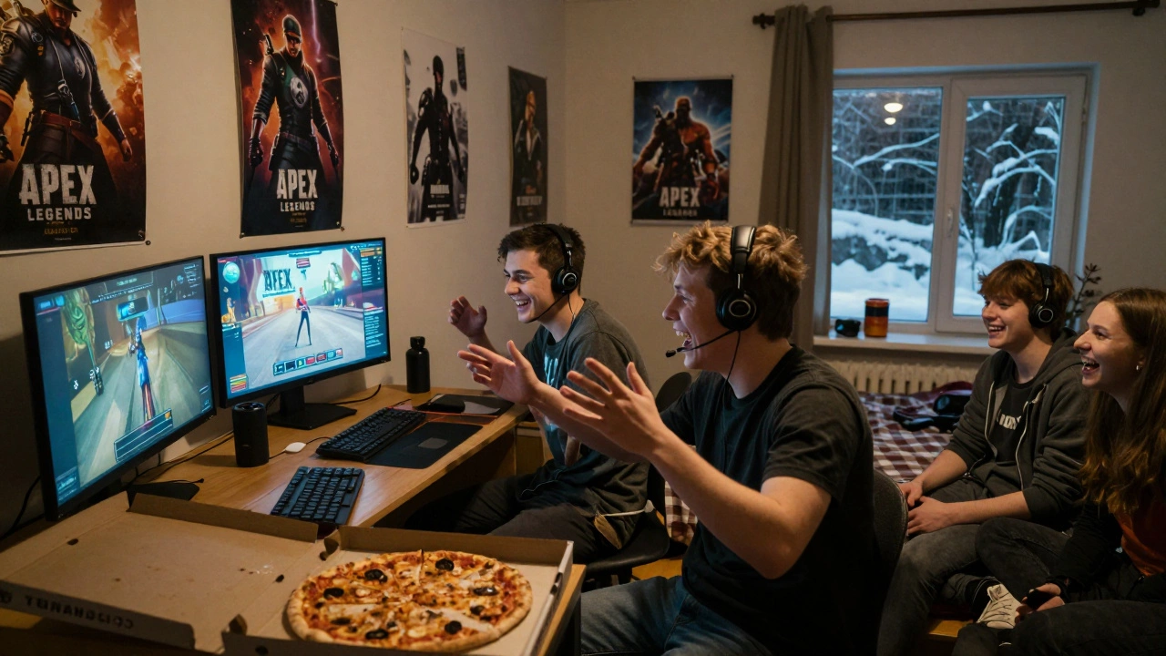 Подростки играют в Apex Legends в комнате, смеются и общаются через наушники в тёплом освещении.