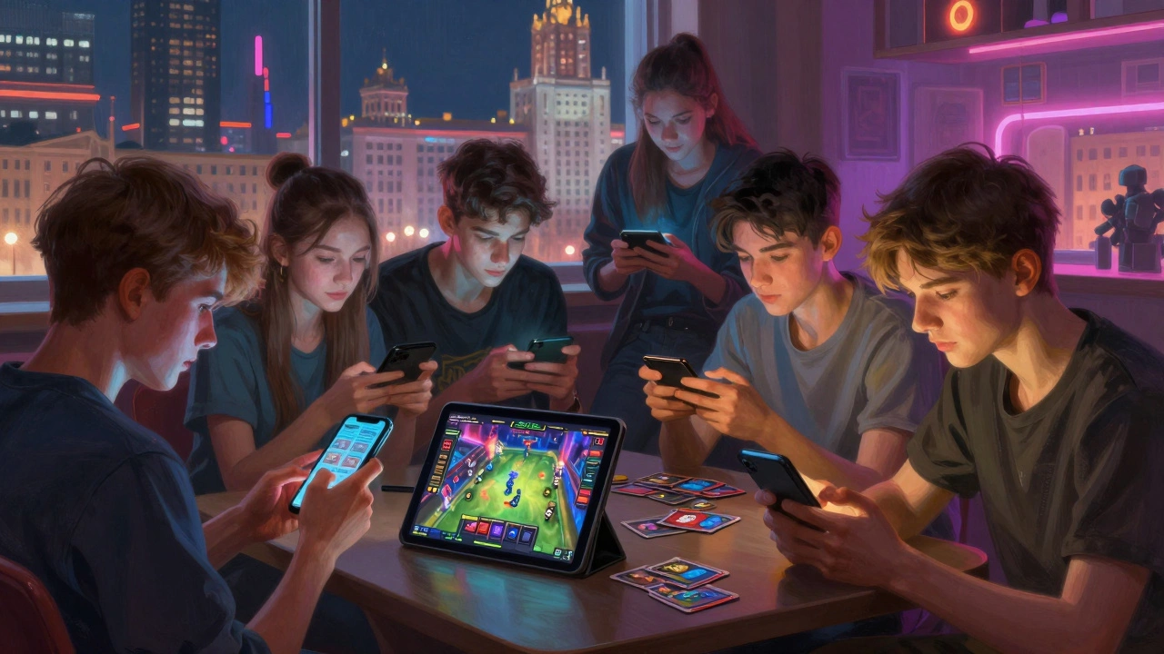 Подростки в университете соревнуются в Clash Royale, вокруг — атмосфера турнира и стриминга.