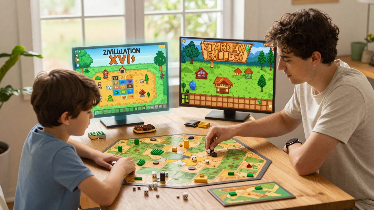 Ребёнок и взрослый играют в настольную стратегическую игру Catan, за ними — проекции цифровых стратегий.