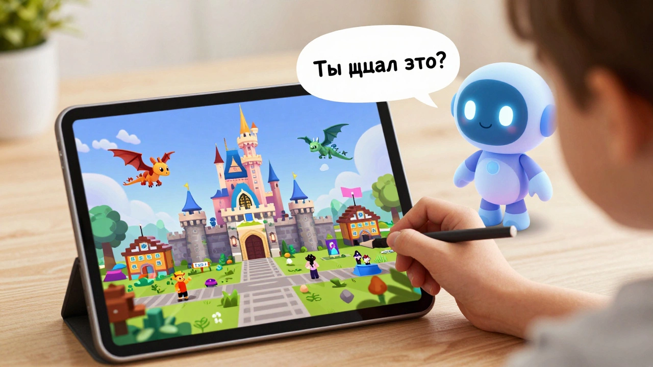 Ребёнок создаёт мир в Roblox, рядом — дружелюбный ИИ-спутник, свет тёплый и сказочный.