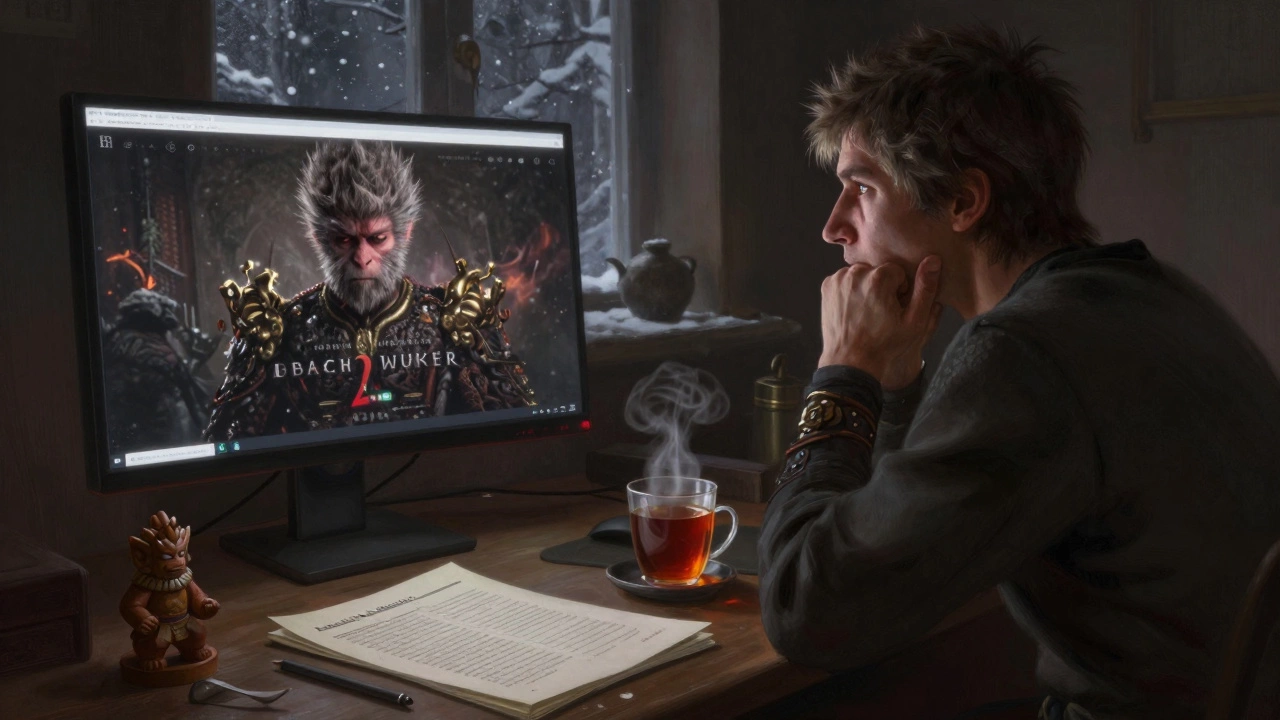 Российский игрок смотрит на экран с игрой, рядом чай и статуэтка Вукона, за окном — снег.