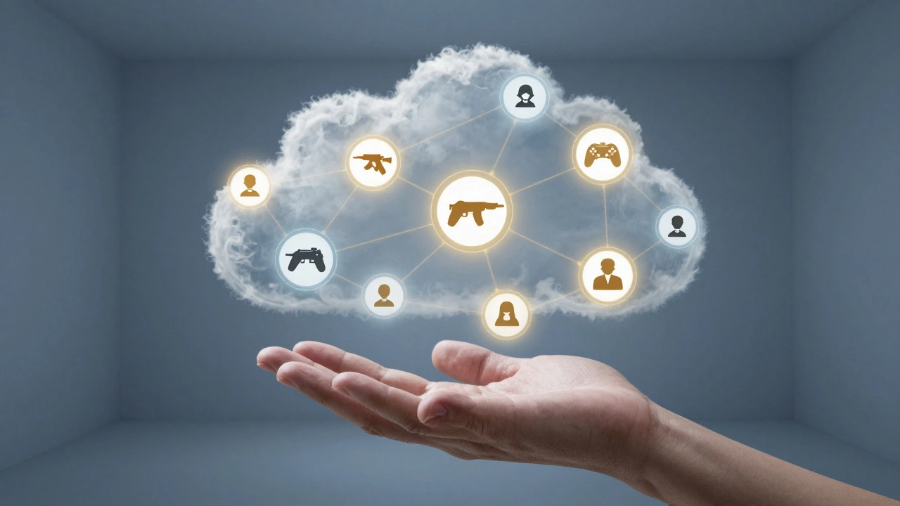Рука тянется к облаку из узлов, каждый из которых — тип онлайн-игры, символизируя облачные технологии и глобальную связь.