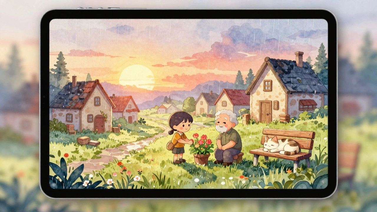 Спокойная сцена в My Time at Sandrock: персонаж сажает цветы на закате, рядом спит кот, идёт легкий дождь.