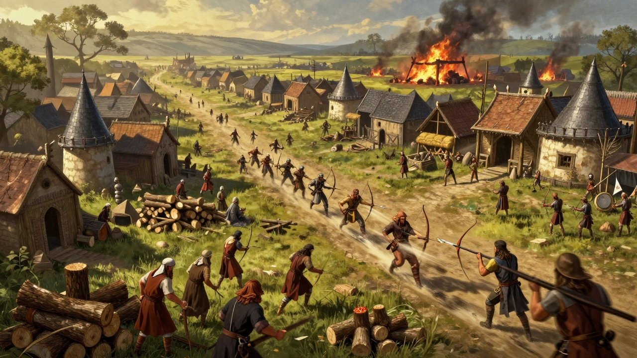 Средневековая деревня в разгар битвы: крестьяне, лучники и горящая база врага.