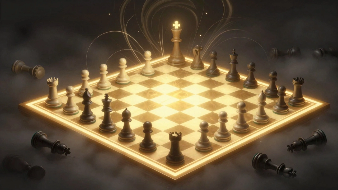 Стилизованная доска с золотым центром, белые фигуры движутся к центру, черные отступают, энергия исходит из центральных клеток.