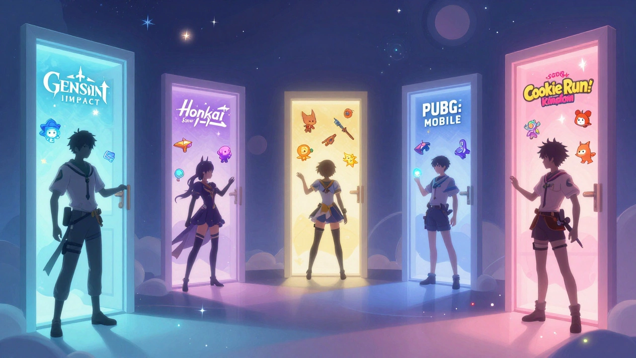 Сurrealist коридор с дверями, за которыми скрыты виртуальные предметы из пяти популярных игр.