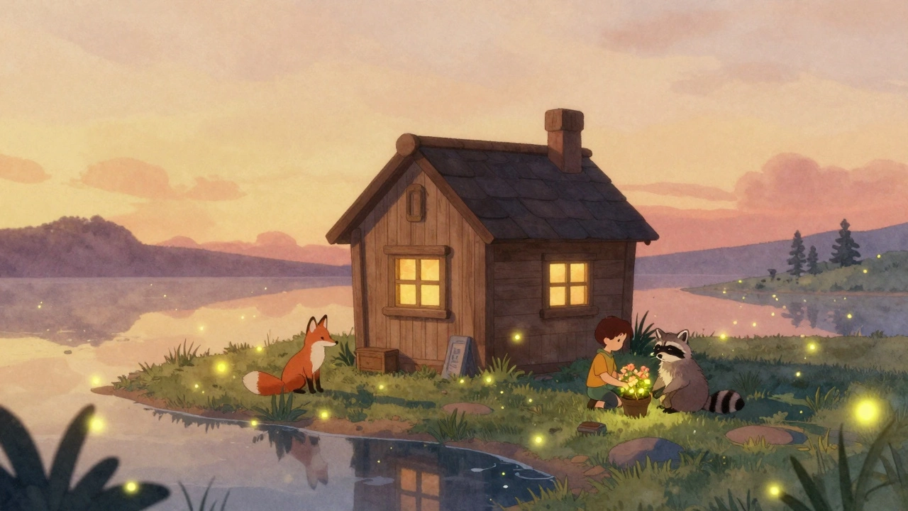 Тихий остров на закате, домик, лиса и цветы — атмосфера спокойствия.