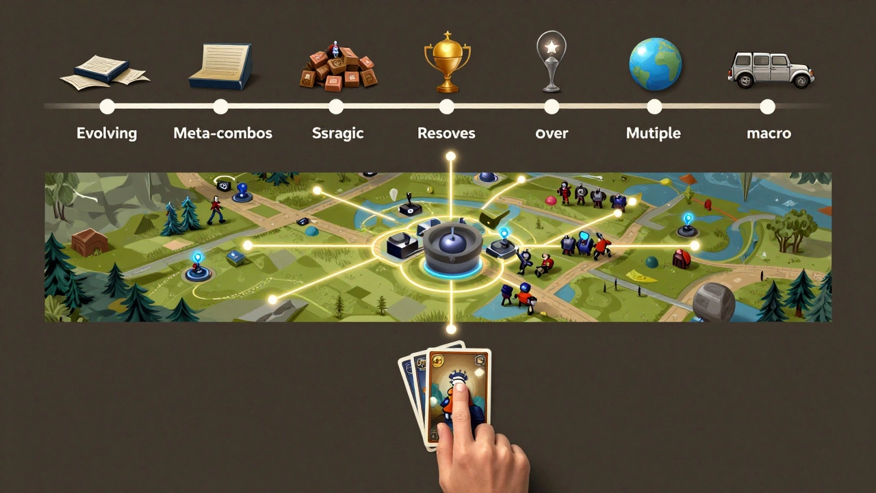 Три уровня стратегии в играх: тактический, стратегический и макроуровень, изображённые как слои на карте.