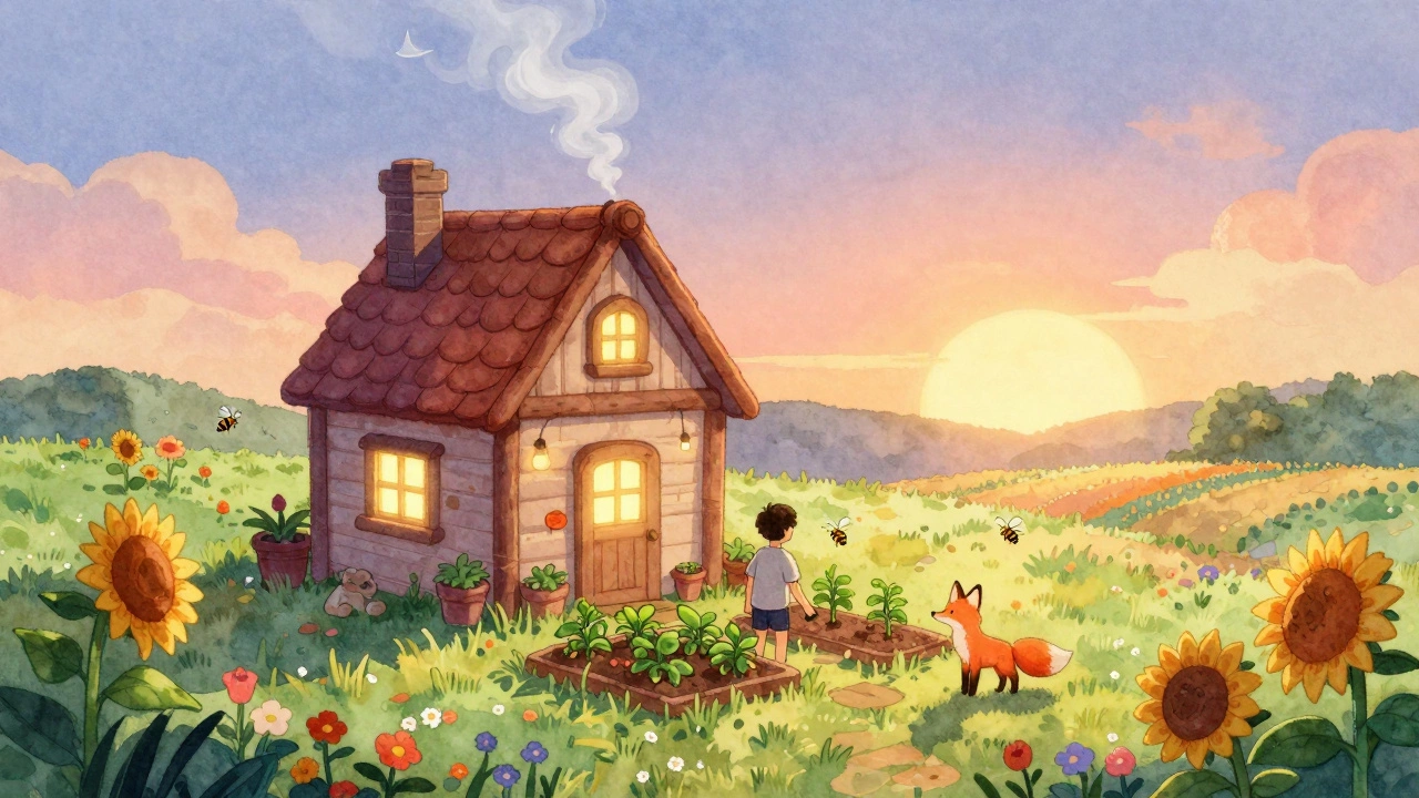 Уютная ферма в Stardew Valley на рассвете, игрок ухаживает за растениями, рядом — лиса.