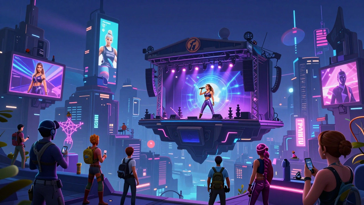 Виртуальный концерт в Fortnite с артистом на летающей сцене, вокруг — аватары в косметике и светящиеся нейронные пути ИИ.