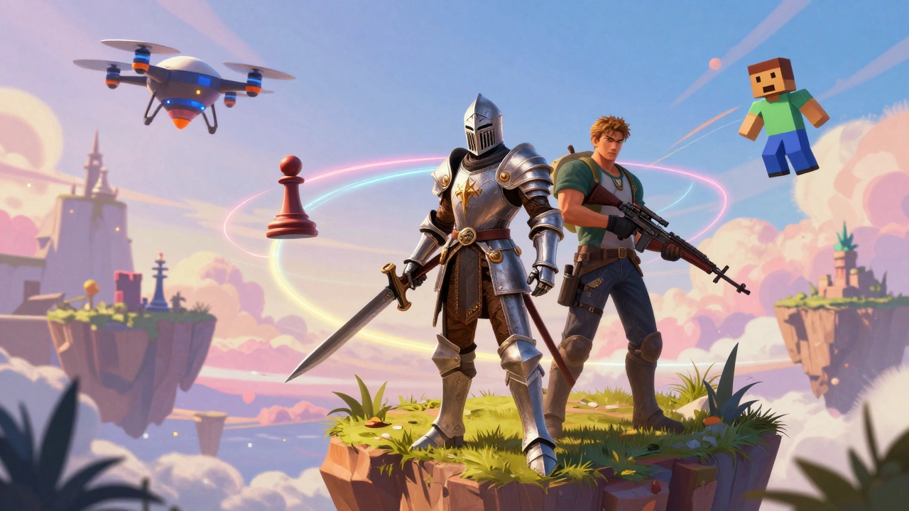 Виртуальный мир, где слились жанры онлайн-игр: рыцарь, выживший и танцующие аватары в сюрреалистичной среде.