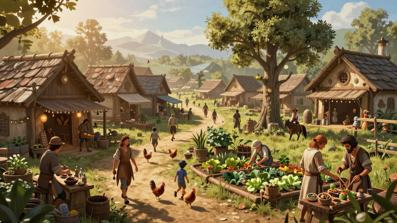 Живая деревня в Black Desert Online: NPCs ходят по делам, дети играют, игроки ухаживают за растениями и лошадьми.